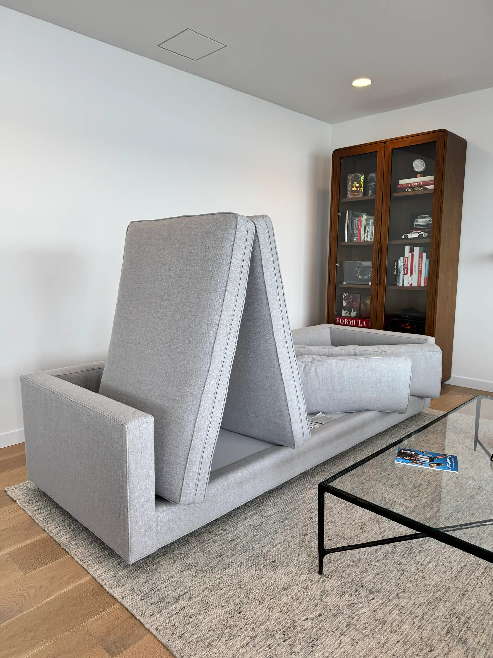 Light gray sofa prepared for professional upholstery cleaning in Mukilteo, WA during regular maintenance service.