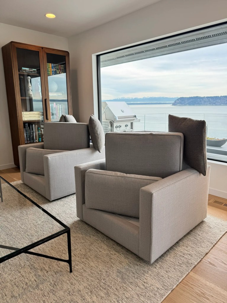 Two armchairs during upholstery cleaning service in Mukilteo, WA with routine fabric maintenance cleaning.