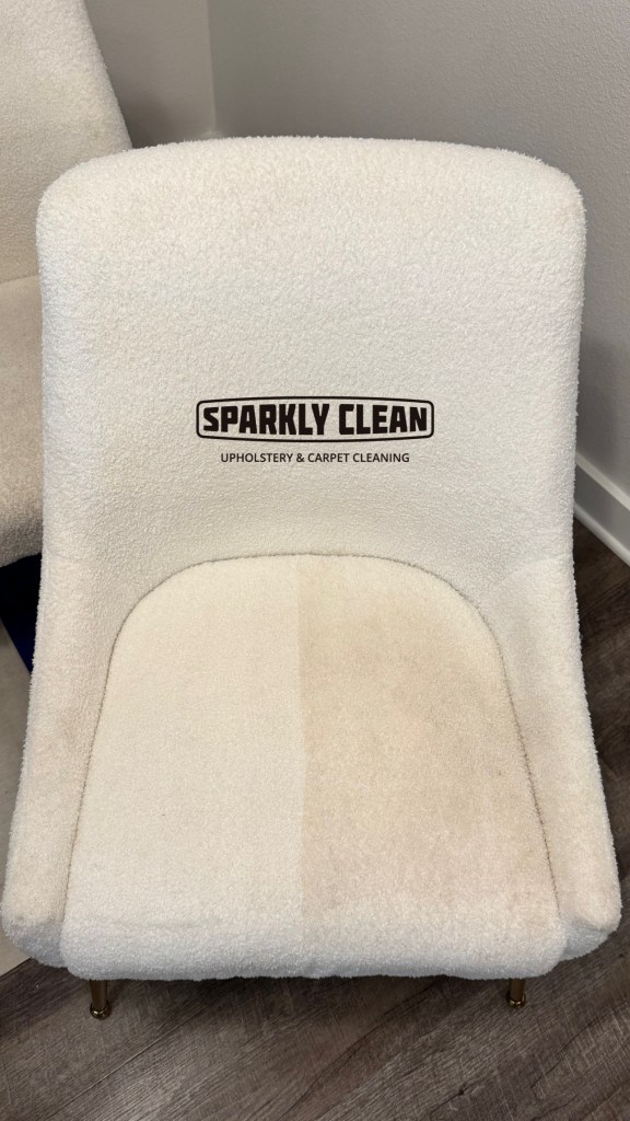 Professional cleaning of a white boucle dining chair in Kirkland WA showing before and after results