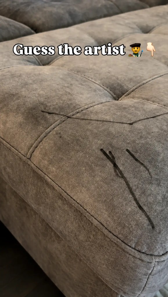 Before and after comparison of marker stains removed from a light-colored upholstered couch by professional cleaning