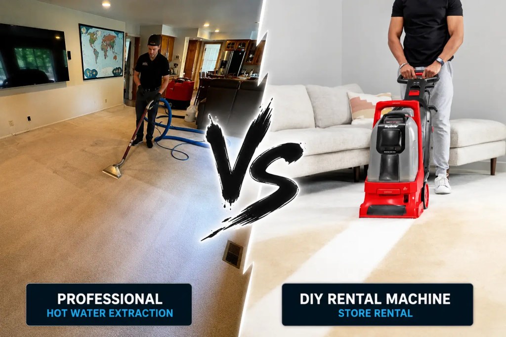 Professional hot water extraction carpet cleaning on the left versus a DIY store rental machine on the right