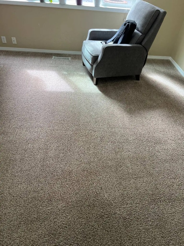 Wide view of beige wall-to-wall carpet with a gray armchair beside a sunlit window.